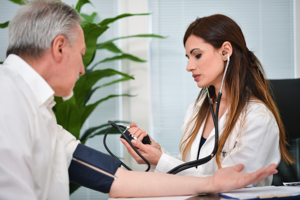 Ambulatory Blood Pressure Monitoring 2 A Woman In A White Coat Measuring A Man'S Blood Pressure Through Ambulatory Blood Pressure Monitoring In Dubai - Under Supervision Of Dr Tamkeen Kinah (Cardiologist In Dubai)